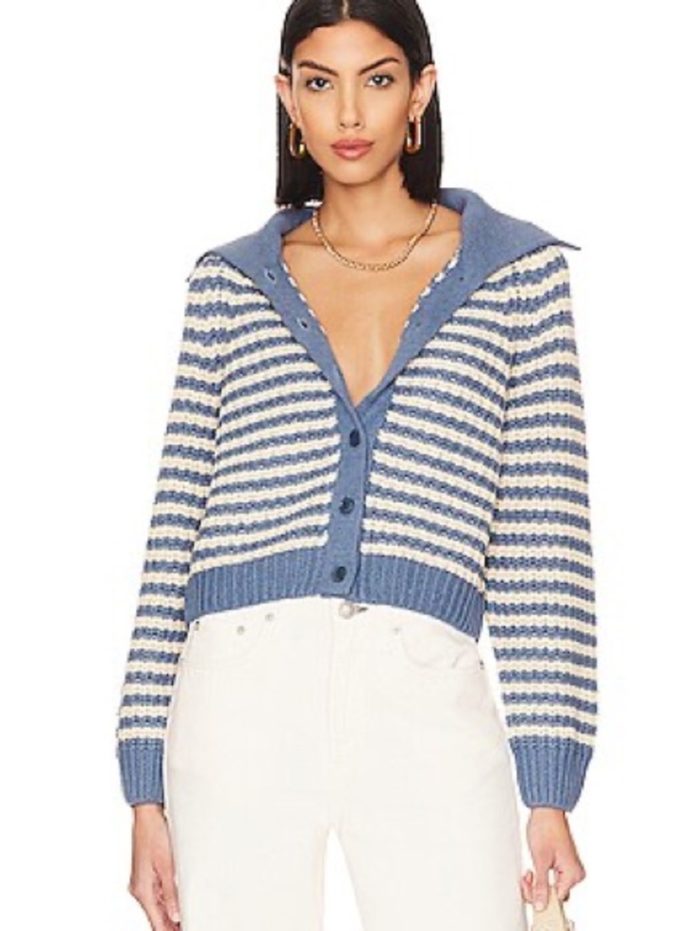 THE GREAT The Mini Collar Cardigan in Blue Moon Stripe Size 0 Chunky Knit